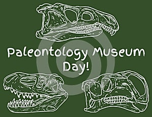 Paleontology museum day. Dinosaur day in school. Preschool paleontology day. Carnivorous and herbivorous fossils drawn on green