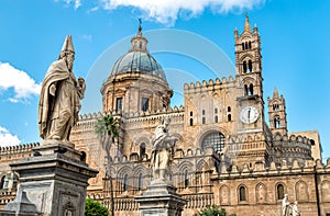 Palermo Cathedral church with statues of saints, Sicily, Italy