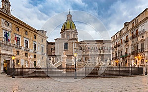 Palermo. Pretoria Square and the fountain in the night lighting.