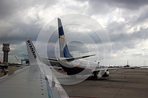 2019.09.26 Palermo Punta Raisi, Ryanair low-cost airline company, detail of the wing with the airline logo in the take-off phase w