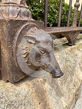 Palermo, Sicily. April 15, 2019. Head of a Pig cast in iron and part of the fencing of the Giardino Garibaldi in Palermo