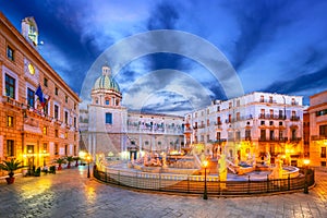 Palermo, Sicily. Piazza Pretoria morning twilight view, Italy travel