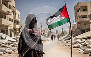 A palestenian orphan with no face standing with Palestine flag in bombarding town