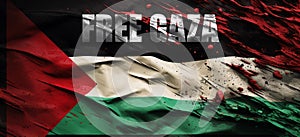 Palestine flag on dark clouds with text free Gaza ai generated