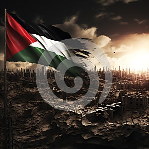 Palestine flag Palestinian flag and ruined city - Ai generated
