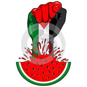 Palestine Flag on Revolution Fist Symbol of freedom coming out from a Watermelon Vector Illustration graphic art isolated on white