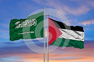 Palestine flag with Saudi Arabia flag, 3D rendering