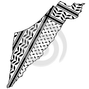 Palestine Map With Keffiyeh Pattern Design symbol of Resistance and Freedom Black and White Vector Art isolated on white photo