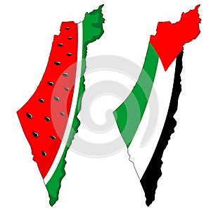 Palestine Map Watermelon and Palestinian Map with Flag, Set of two Maps Vector Illustration graphic art isolated on white