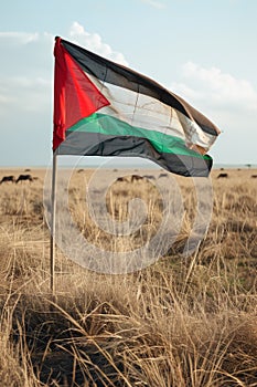 Palestinian flag stands tall in the center of a desolate, dry field, symbolizing hope and resistance in challenging