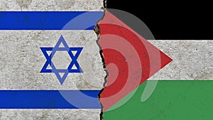 Palestinian and Israeli flag on a cracked wall-politics, war, conflict concept photo