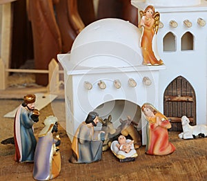 Palestinian nativity scene with holy family set in the middle ea