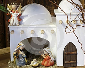 Palestinian nativity scene with holy family set in the middle ea