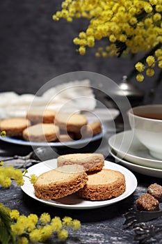 Palets bretons, french cookies. Shortbread Breton cookies, cup of tea and bouquet of mimosa
