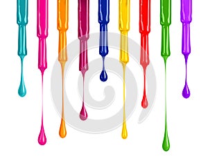 Palette of colored nail polishes with falling drops down