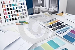 palette interior project choice selection color designer swatch sample design paint. Generative AI.