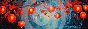 palette knife textured painting Chinese lanterns. Japanese asian new year red lamps festival Chinese New Year Lanterns