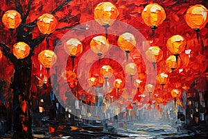 palette knife textured painting Chinese lanterns. Japanese asian new year red lamps festival Chinese New Year Lanterns