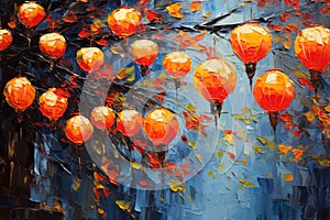 palette knife textured painting Chinese lanterns. Japanese asian new year red lamps festival Chinese New Year Lanterns