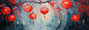 palette knife textured painting Chinese lanterns. Japanese asian new year red lamps festival Chinese New Year Lanterns