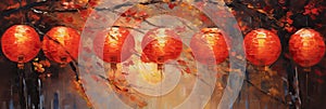 palette knife textured painting Chinese lanterns. Japanese asian new year red lamps festival Chinese New Year Lanterns