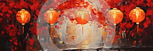 palette knife textured painting Chinese lanterns. Japanese asian new year red lamps festival Chinese New Year Lanterns