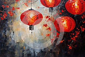 palette knife textured painting Chinese lanterns. Japanese asian new year red lamps festival Chinese New Year Lanterns