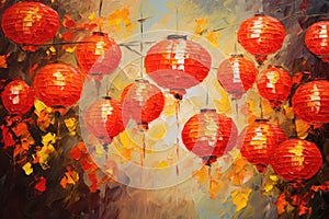 palette knife textured painting Chinese lanterns. Japanese asian new year red lamps festival Chinese New Year Lanterns