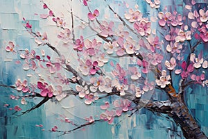 palette knife textured painting sakura Japanese cherry tree Sakura blossom background with a pink blooming sakura tree