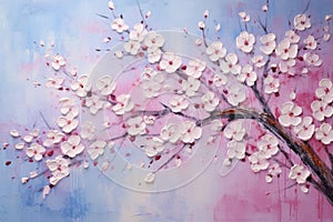 palette knife textured painting sakura Japanese cherry tree Sakura blossom background with a pink blooming sakura tree