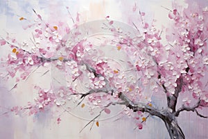 palette knife textured painting sakura Japanese cherry tree Sakura blossom background with a pink blooming sakura tree