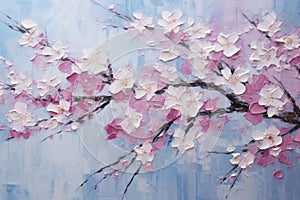 palette knife textured painting sakura Japanese cherry tree Sakura blossom background with a pink blooming sakura tree