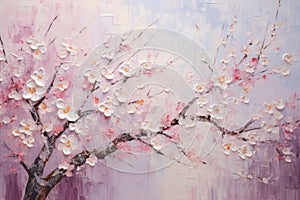 palette knife textured painting sakura Japanese cherry tree Sakura blossom background with a pink blooming sakura tree