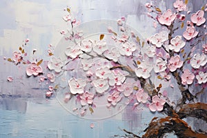 palette knife textured painting sakura Japanese cherry tree Sakura blossom background with a pink blooming sakura tree