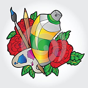 Palette with paint, brushes and spray paint in roses