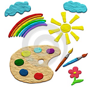 Palette with paints and brushes for painting. Rainbow, sun and clouds in the style of plasticine. Children`s drawings isolated on