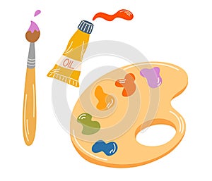 Palette with paints, tube of paint and brush. Subjects for drawing, creativity, hobbies and schools. Hand Drawn Cartoon Vector