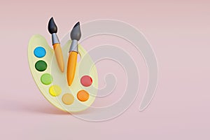 Palette with paints and two brushes for an artist 3d render. Art icon. Modern trendy design. Bright colors