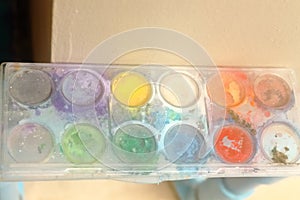 Palette of watercolor painting equipment