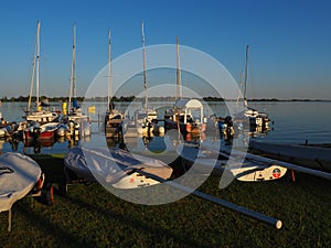 Palic, Serbia, September 11 2021 Boats and yachts on the shores of Lake Palic. Rest on the water. Sports water transport