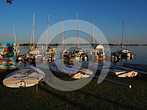 Palic, Serbia, September 11 2021 Boats and yachts on the shores of Lake Palic. Rest on the water. Sports water transport