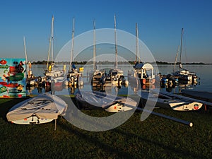 Palic, Serbia, September 11 2021 Boats and yachts on the shores of Lake Palic. Rest on the water. Sports water transport