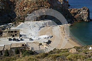 Paliorema Beach and sulfur mine remains in Milos island, Greece