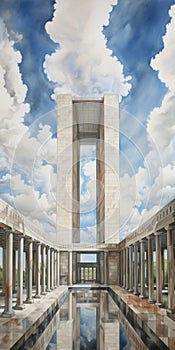 Neo-concretism Inspired Oil Painting With Detailed Skies And Classical Symmetry photo