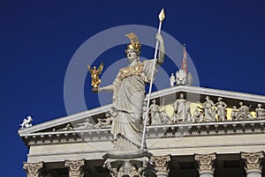 Pallas Athena, Goddess of Wisdom, standing in front of the Austrian Parliament building in Vienna