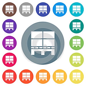 Pallet with boxes flat white icons on round color backgrounds