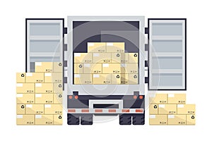 Pallet with boxes stacked in a refrigerator truck for delivery in warehouse. Industrial storage and distribution of products