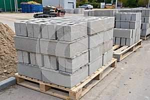 Pallet of concrete cinder blocks for construction