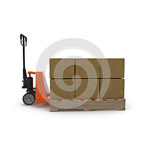 Pallet jack with boxes on pallets 3D illustration.