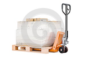 Pallet jack with parcels wrapped in the stretch film, 3D rendering